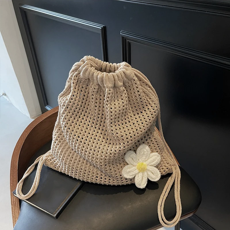 Solid Color Knitting Shoulder Bag Large Capacity Bohemian Crochet Backpack Hollow Out Versatile Beach Travel Tote Bag For Women