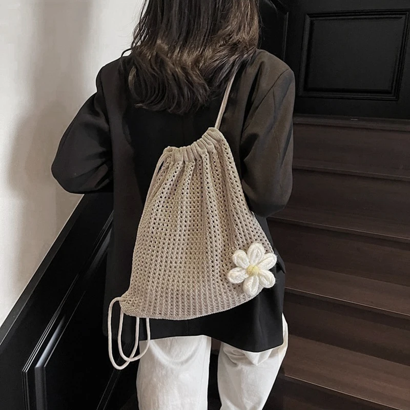Solid Color Knitting Shoulder Bag Large Capacity Bohemian Crochet Backpack Hollow Out Versatile Beach Travel Tote Bag For Women