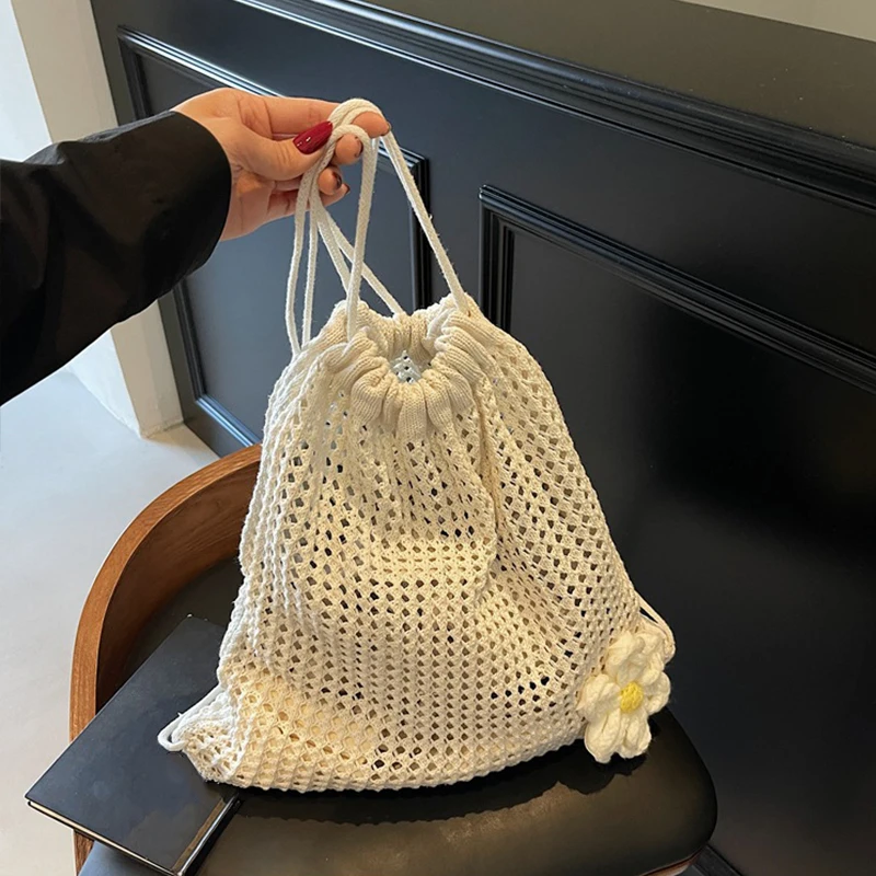 Solid Color Knitting Shoulder Bag Large Capacity Bohemian Crochet Backpack Hollow Out Versatile Beach Travel Tote Bag For Women