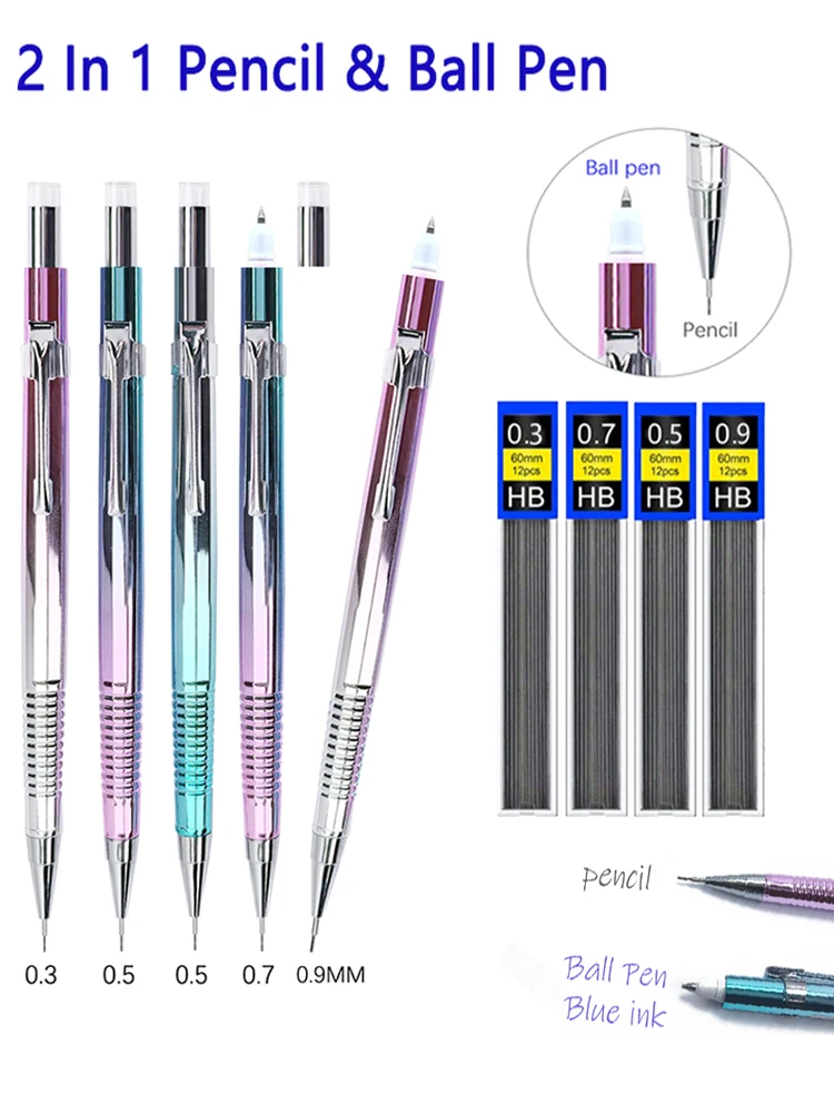 New Creative 2 In 1 Mechanical Pencil & Blue Ballpoint Pens Set, 0.3 0.5 0.7 0.9mm Automatic Pencil With Eraser Writing Supplies