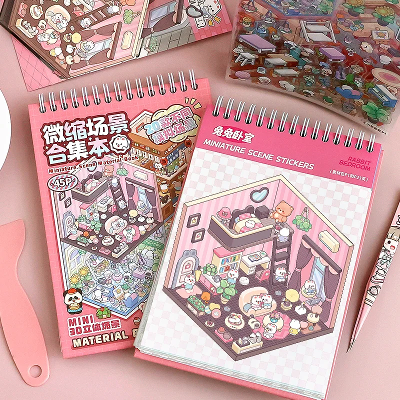 45Pcs Cartoon Landscape Sticker Book DIY 3DMiniature Scene Collection 1.0 Stickers Gift for Kid Child kawaii stationery stickers