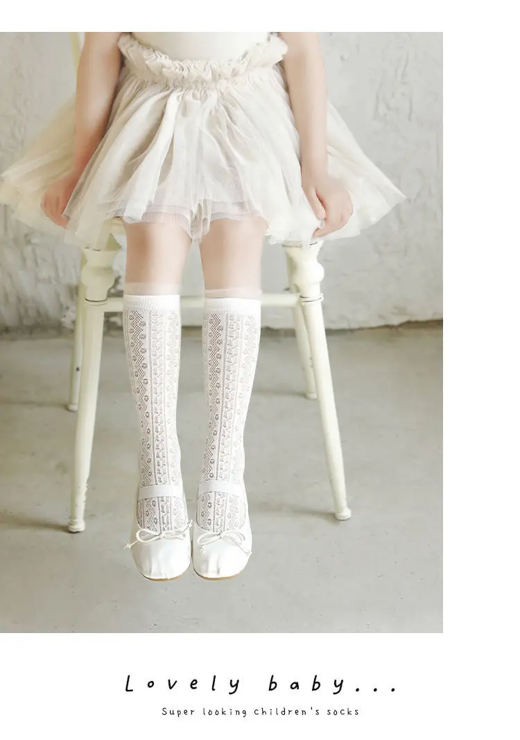 Summer 3-12Y Kids Girls Mid-tube Socks Children Girl Knee High Thin Beige Lace Princess Socks Babys Girls Stockings Cotton Socks