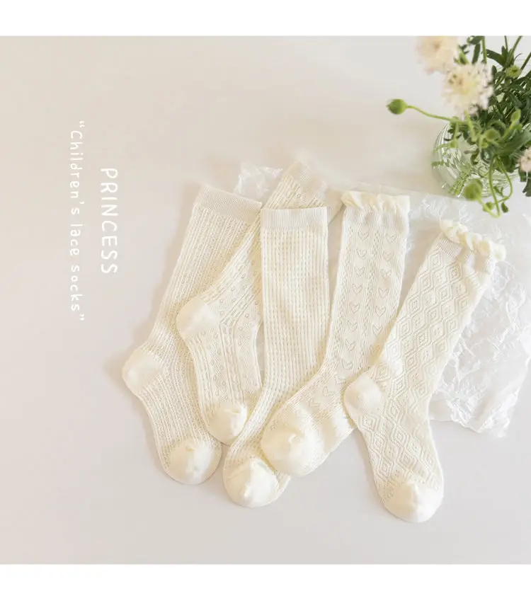 Summer 3-12Y Kids Girls Mid-tube Socks Children Girl Knee High Thin Beige Lace Princess Socks Babys Girls Stockings Cotton Socks