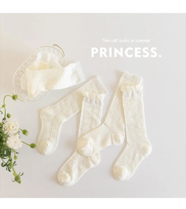 Summer 3-12Y Kids Girls Mid-tube Socks Children Girl Knee High Thin Beige Lace Princess Socks Babys Girls Stockings Cotton Socks