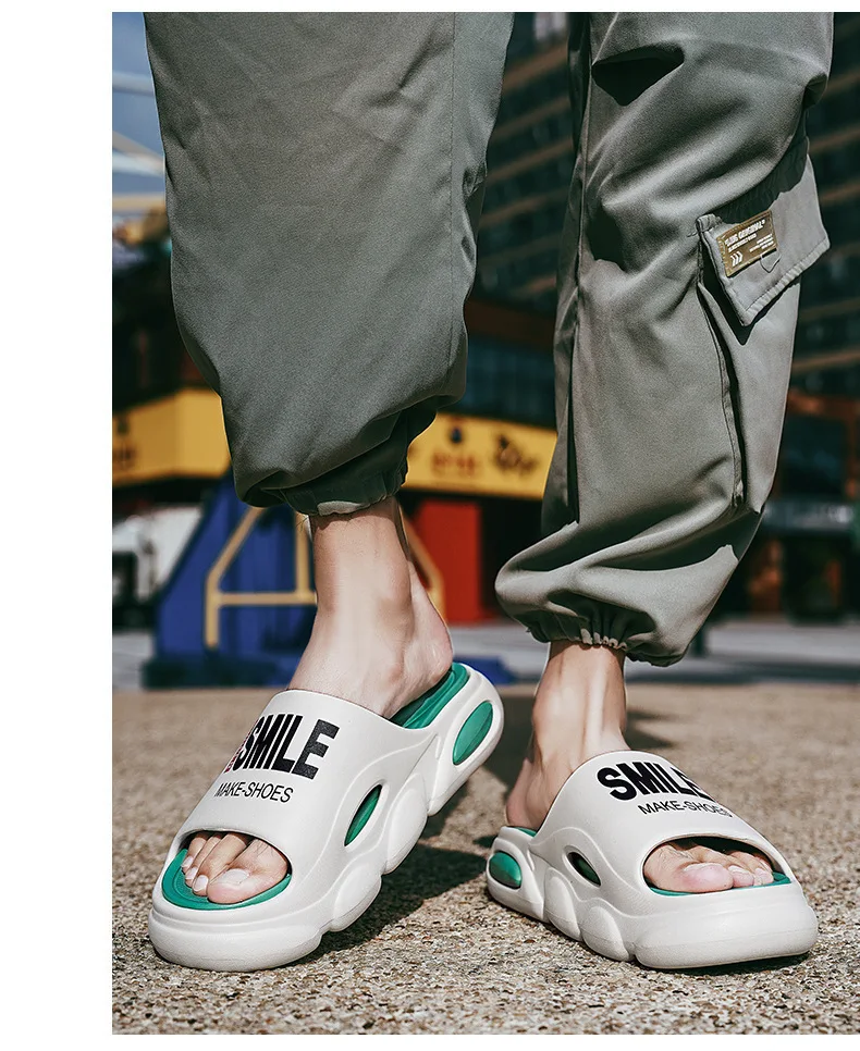 Men Thick Sole Summer Beach Slides Bathroom Anti Slip Slipper Soft Sandals Simplicity Ultra Light Letter Shoes Men Slippers