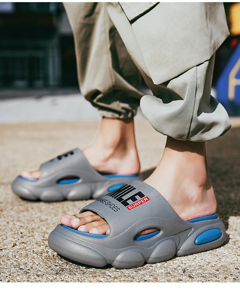 Men Thick Sole Summer Beach Slides Bathroom Anti Slip Slipper Soft Sandals Simplicity Ultra Light Letter Shoes Men Slippers