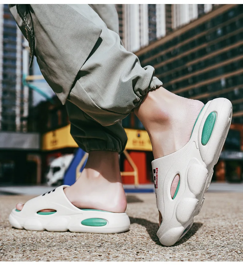 Men Thick Sole Summer Beach Slides Bathroom Anti Slip Slipper Soft Sandals Simplicity Ultra Light Letter Shoes Men Slippers