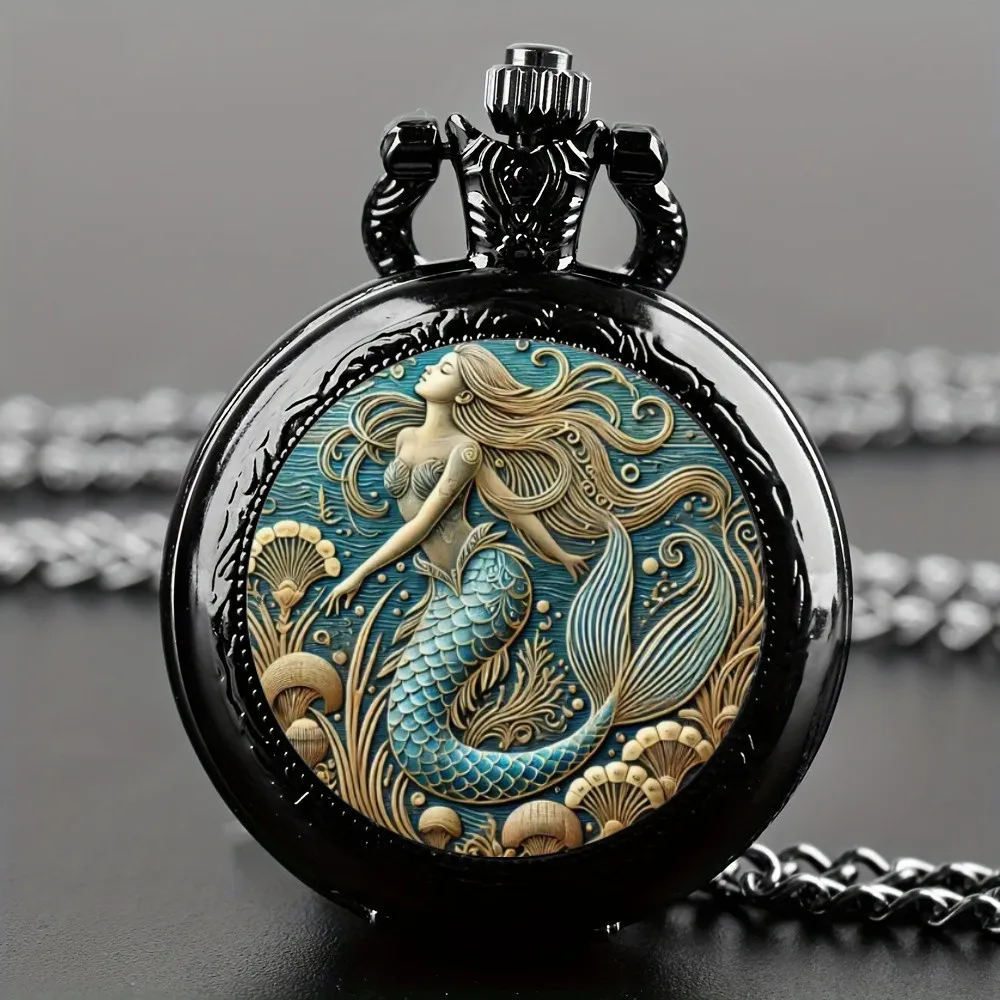 Exquisite Vintage Mermaid Pattern Pocket Watch Design with Necklace,Precise Quartz Movement Watch,Great Gift for Women and Girls