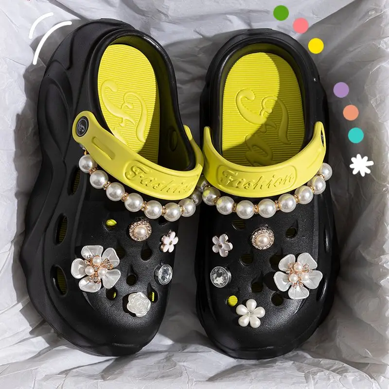 Summer Fashion Pearl Chain DIY Clogs Women 2025 Chunky Platform Slip On Sandals Women Thick Bottom EVA Slippers Shoes Woman Heel