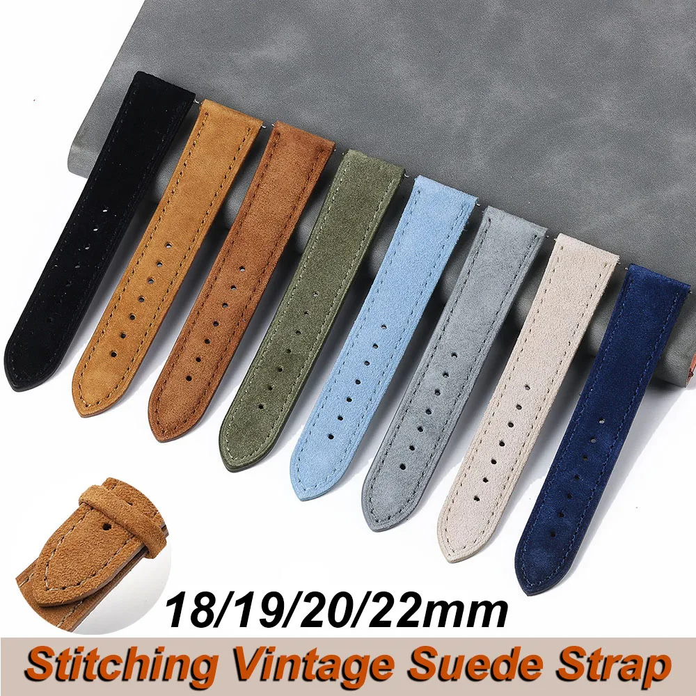18mm 19mm 20mm 22mm Vintage Suede Cowhide Watch Strap Handmade Watch Band Gray Brown Green Quick Release Bracelet for Men Women