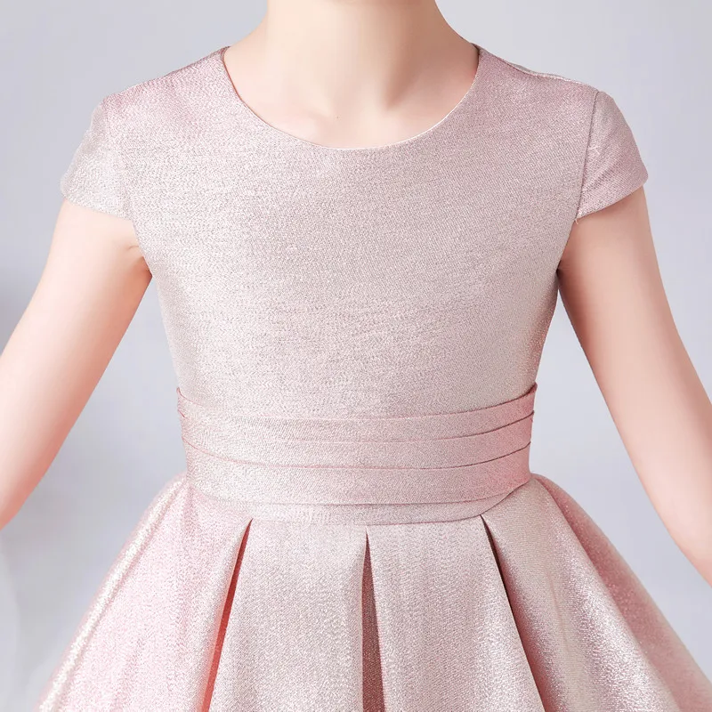 DIDEYTTAAL Customized Pink Shining Satin Flower Girl DressShort Wedding Birthday Party Gown Girls Princess Formal Pageant Bowtie