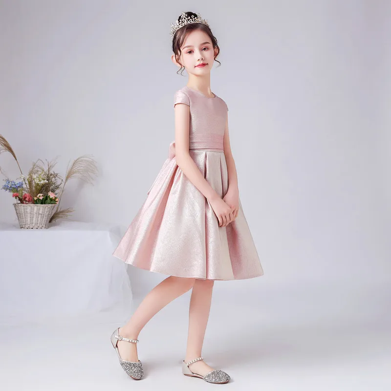 DIDEYTTAAL Customized Pink Shining Satin Flower Girl DressShort Wedding Birthday Party Gown Girls Princess Formal Pageant Bowtie