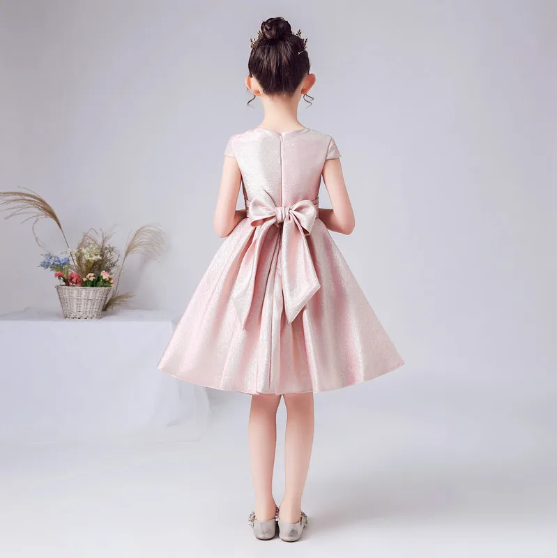 DIDEYTTAAL Customized Pink Shining Satin Flower Girl DressShort Wedding Birthday Party Gown Girls Princess Formal Pageant Bowtie