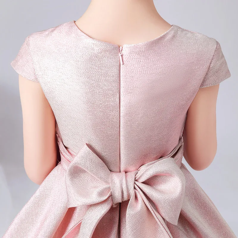 DIDEYTTAAL Customized Pink Shining Satin Flower Girl DressShort Wedding Birthday Party Gown Girls Princess Formal Pageant Bowtie