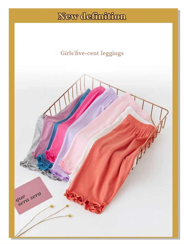 Summer Girls Pants Leggings Modal Cotton Bottoms Knee Medium-length Pants Solid Color Ruffles Legging for Kids Clothes 3-10 Year