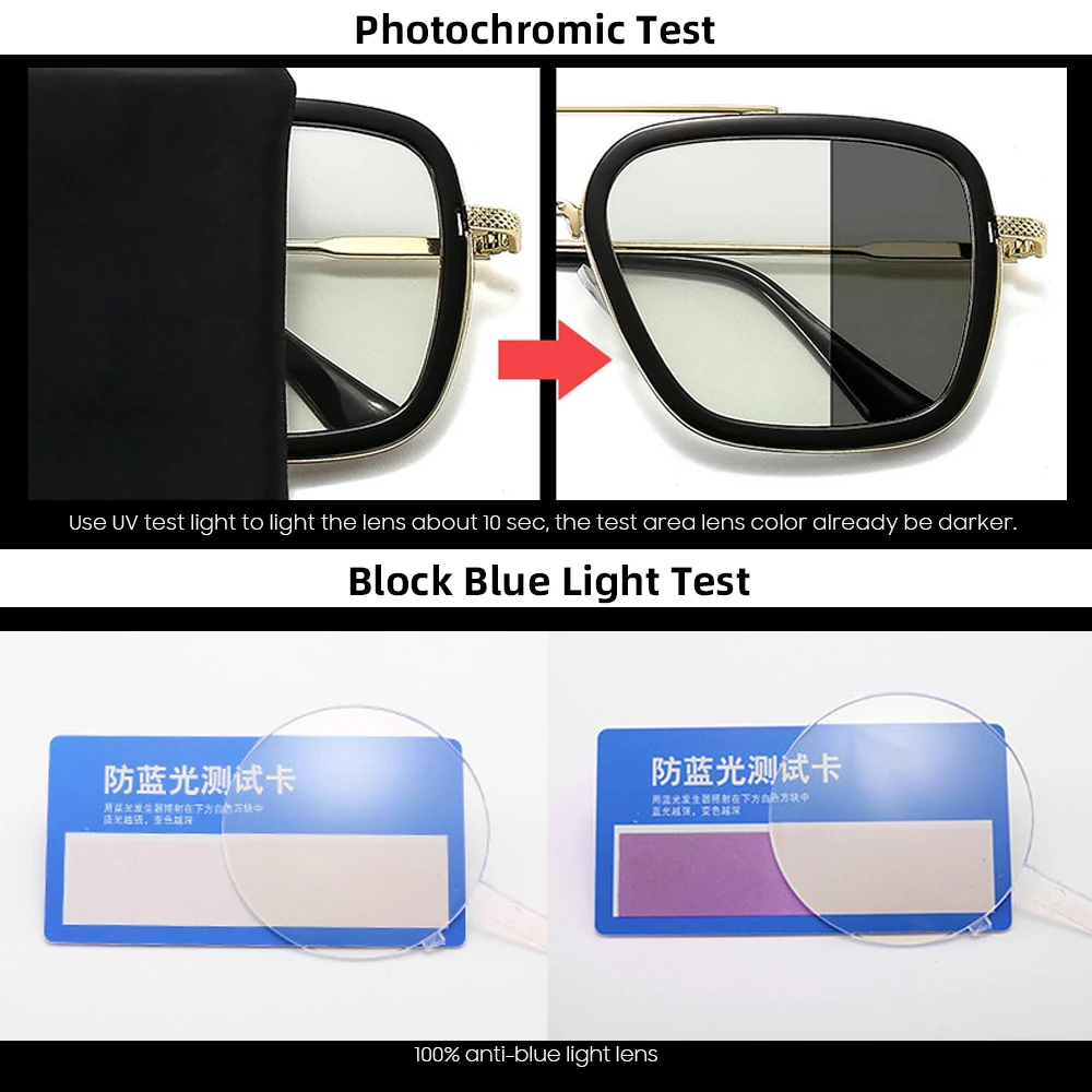 Square Photochromic Glasses Men Anti Blue Light Blocking Eyeglasses Computer Ray Retro Unisex Tony Stark Goggles