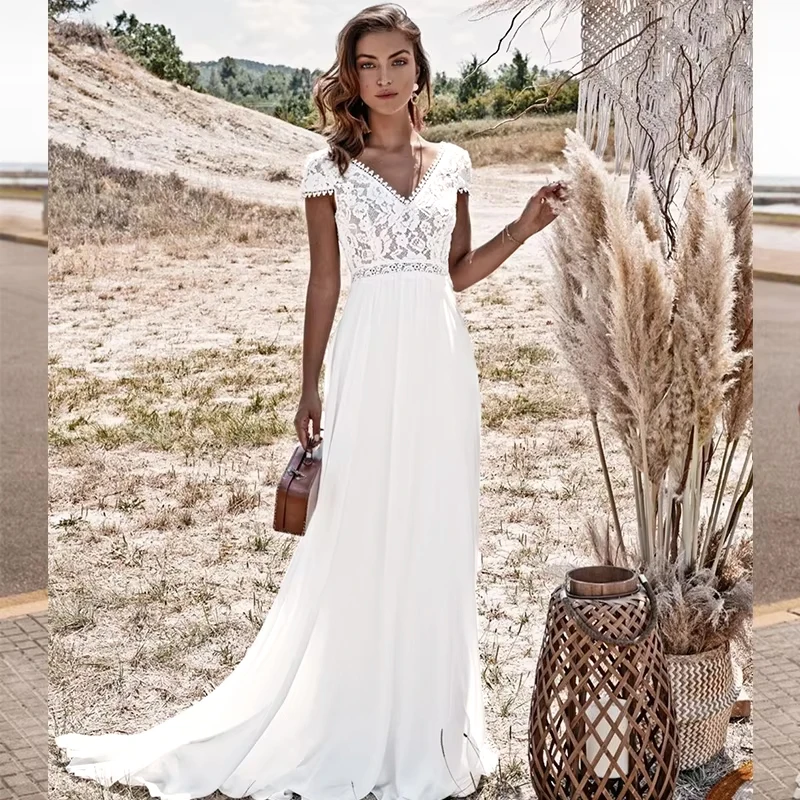 Vintage Lace Wedding Dress Short Sleeve V Neck A Line Chiffon Bridal Gowns Backless Sweep Train Boho Beach Robe De Noiva 2026
