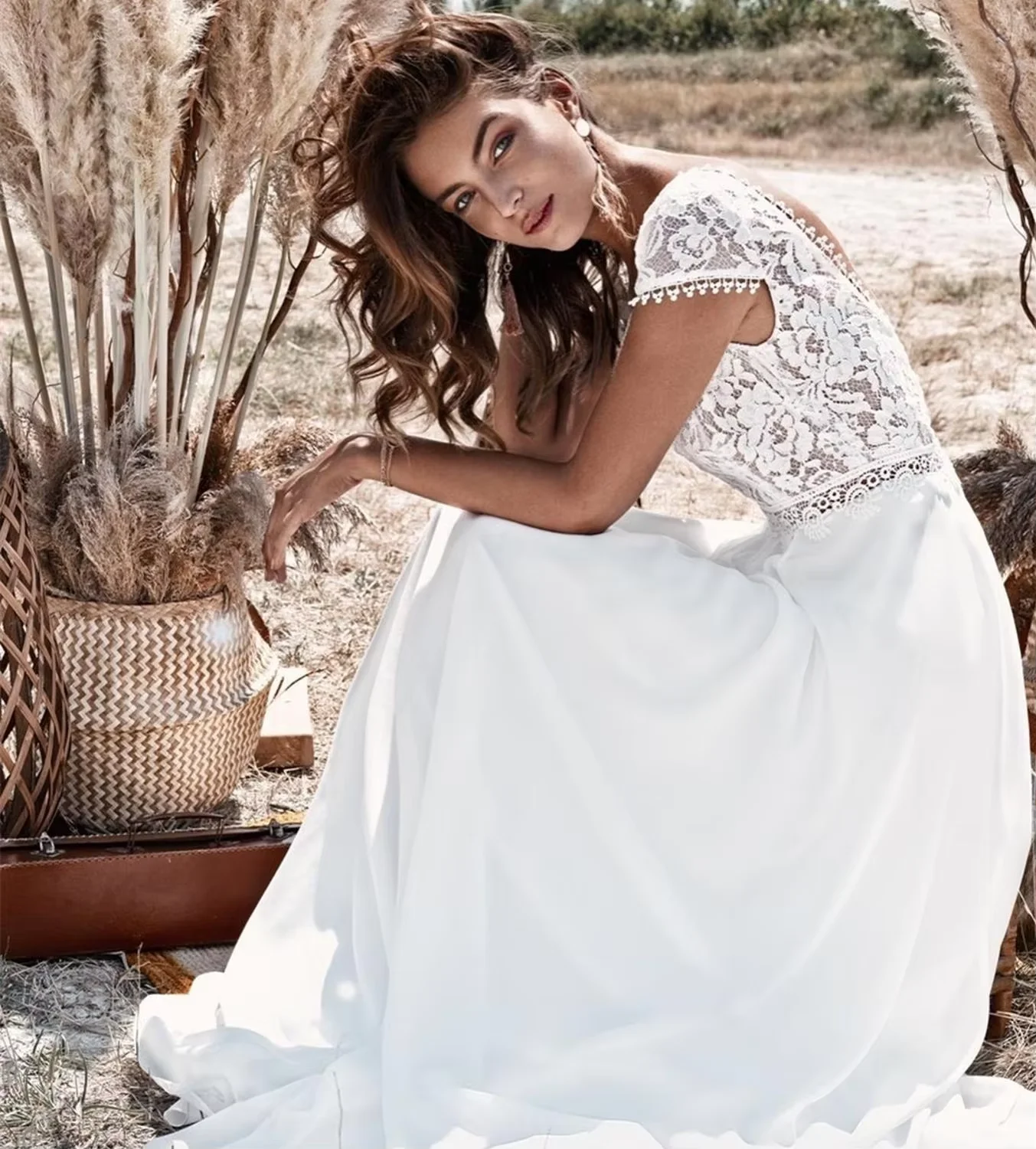 Vintage Lace Wedding Dress Short Sleeve V Neck A Line Chiffon Bridal Gowns Backless Sweep Train Boho Beach Robe De Noiva 2026