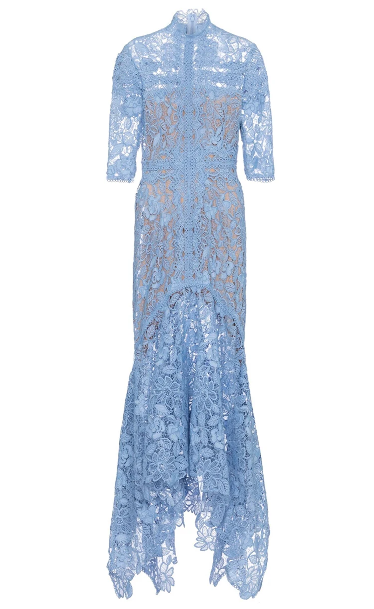 Light Mature Blue Lace Dress Irregular Dress High Low Fit Long Dress Fashion