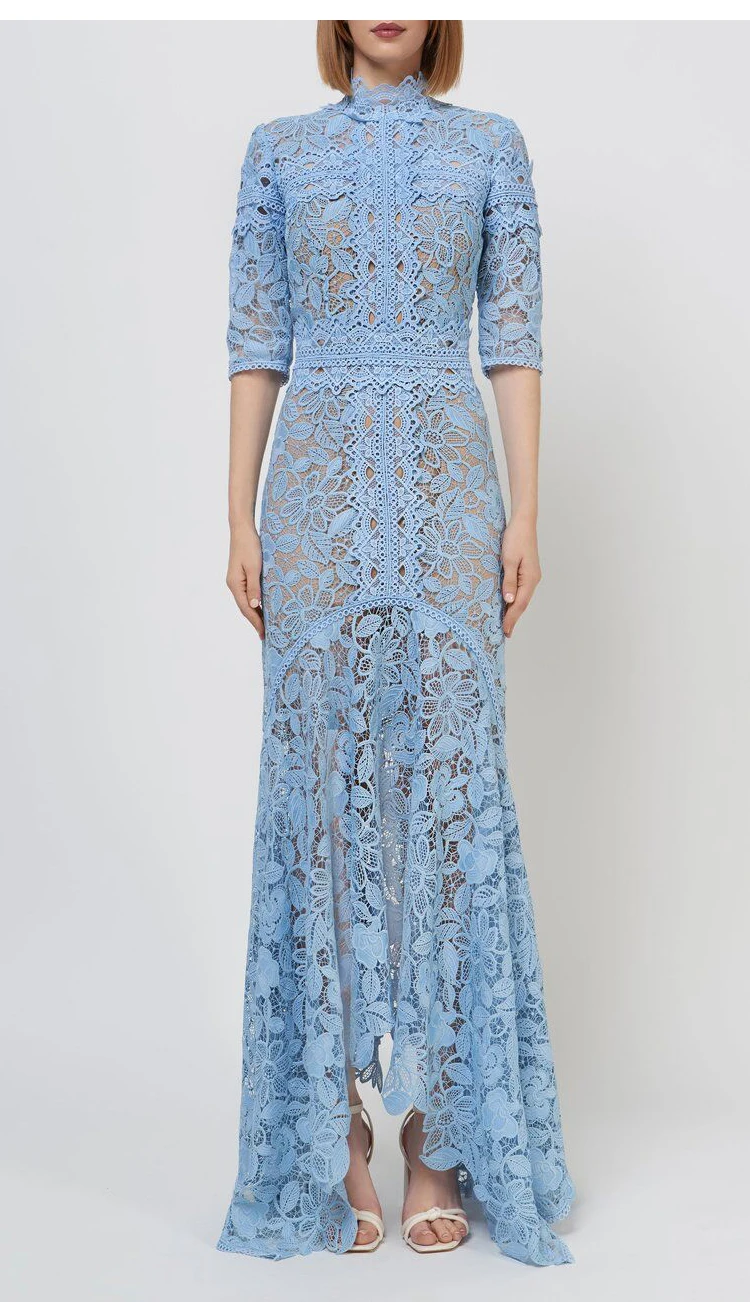 Light Mature Blue Lace Dress Irregular Dress High Low Fit Long Dress Fashion