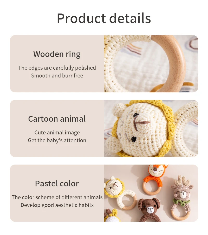 1PC Baby Ratter Toys Wooden Teether Crochet Animals BPA Free Rattle Toy Newborn Amigurumi Teether Baby Rattles Gifts For Newborn