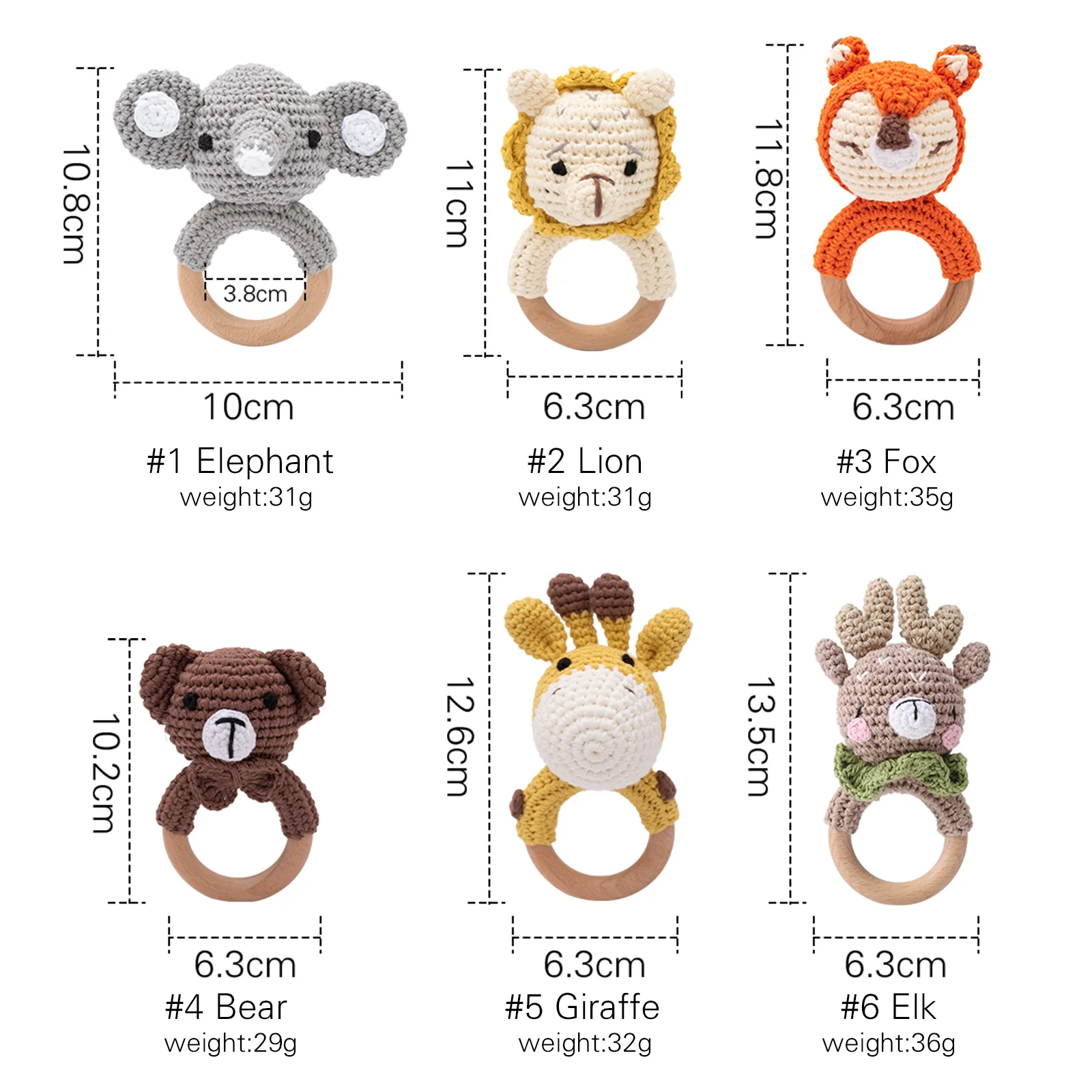 1PC Baby Ratter Toys Wooden Teether Crochet Animals BPA Free Rattle Toy Newborn Amigurumi Teether Baby Rattles Gifts For Newborn