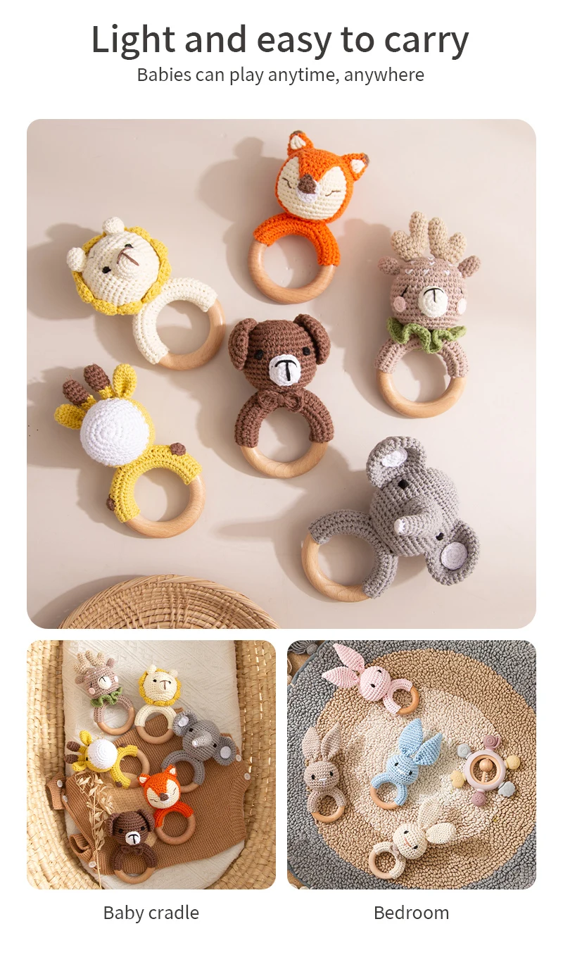 1PC Baby Ratter Toys Wooden Teether Crochet Animals BPA Free Rattle Toy Newborn Amigurumi Teether Baby Rattles Gifts For Newborn