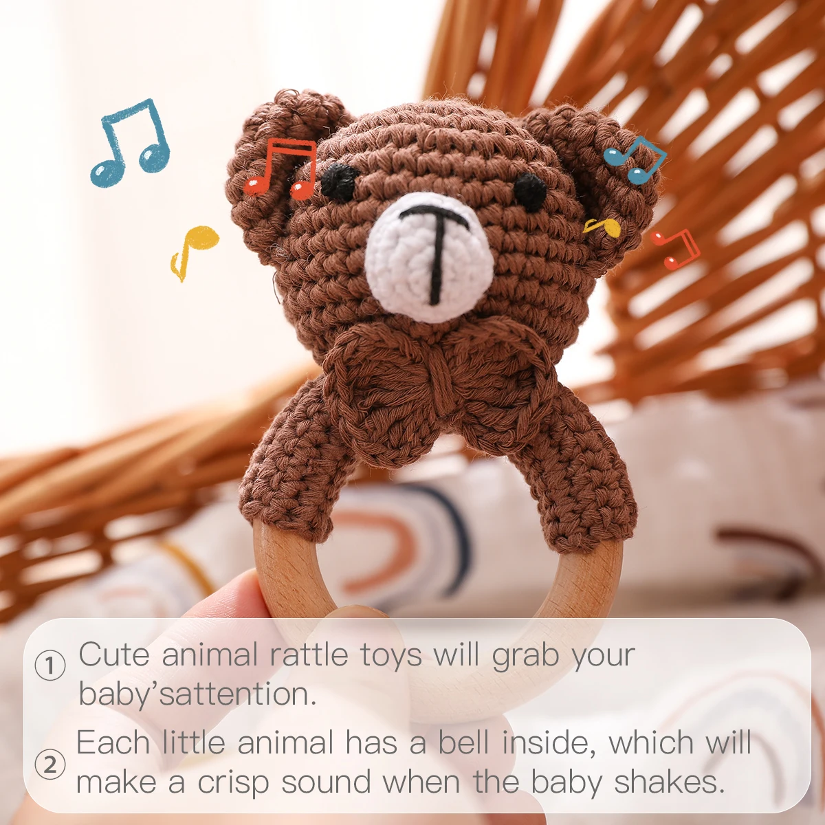 1PC Baby Ratter Toys Wooden Teether Crochet Animals BPA Free Rattle Toy Newborn Amigurumi Teether Baby Rattles Gifts For Newborn