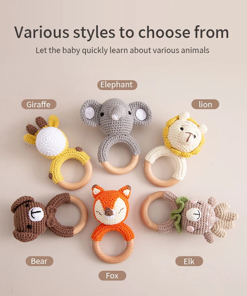 1PC Baby Ratter Toys Wooden Teether Crochet Animals BPA Free Rattle Toy Newborn Amigurumi Teether Baby Rattles Gifts For Newborn