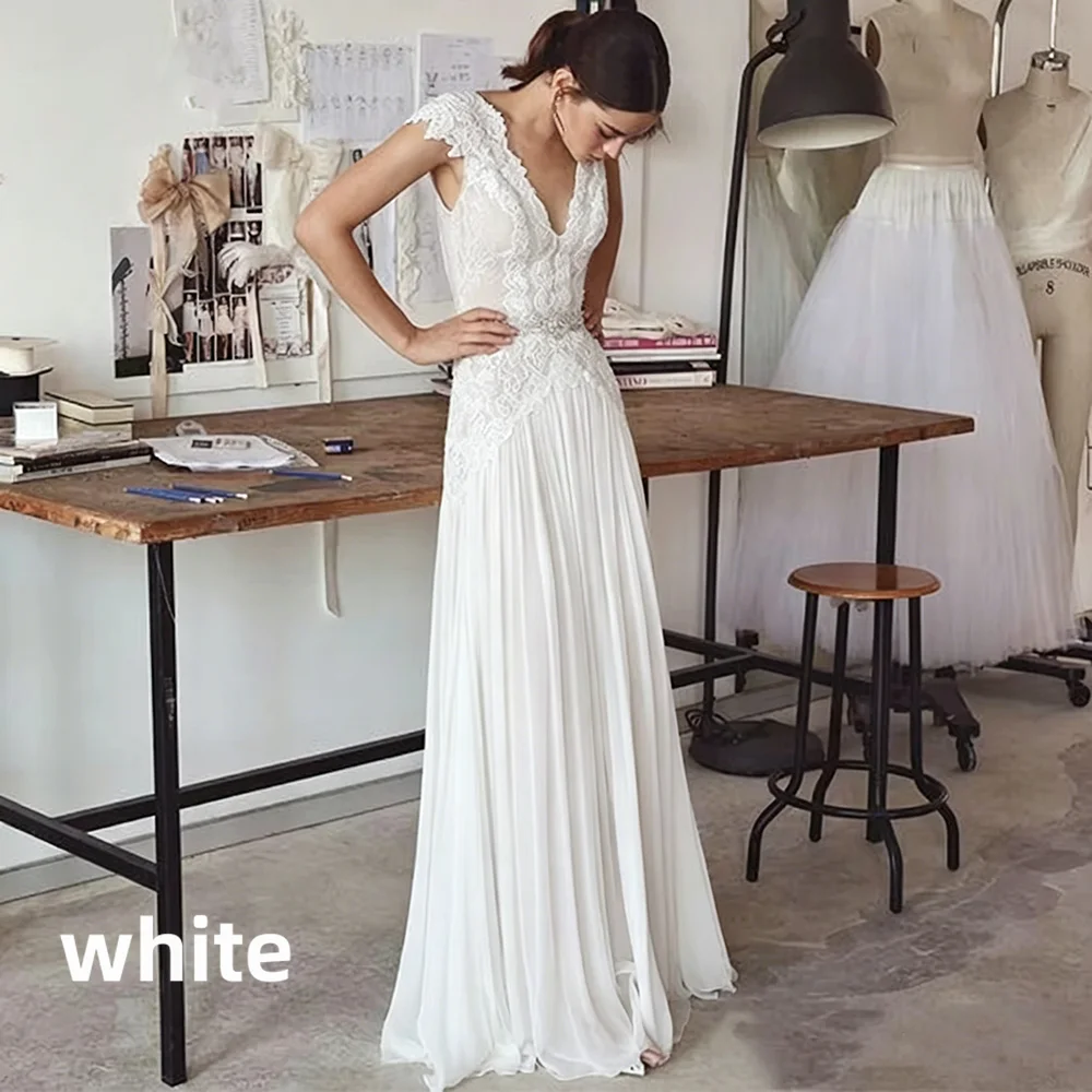 Boho Wedding Dresses 2026 Bohemian Wedding Gowns with Cap Sleeves V Neck Open Back Pleated Skirt Elegant A Line Gown Customized