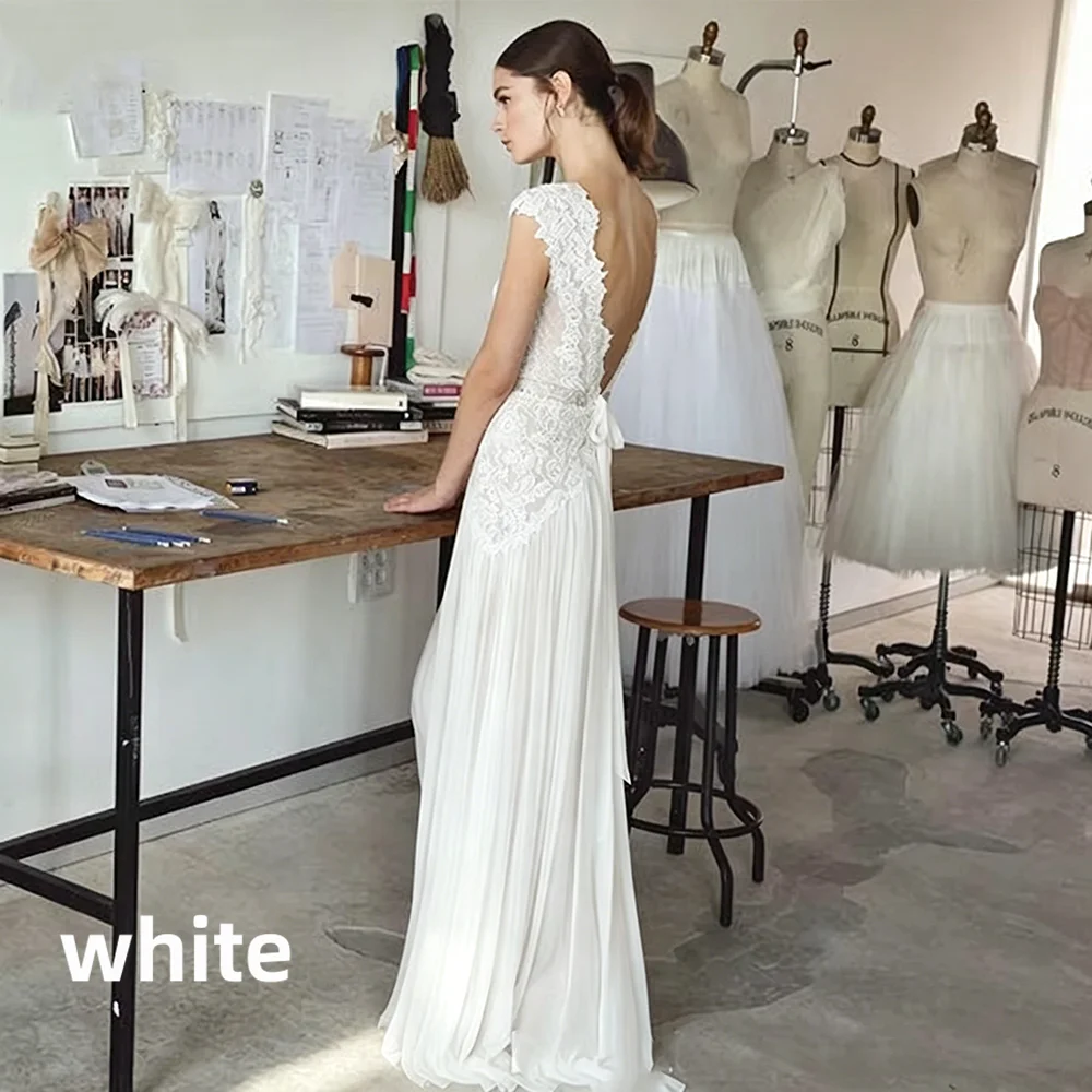 Boho Wedding Dresses 2026 Bohemian Wedding Gowns with Cap Sleeves V Neck Open Back Pleated Skirt Elegant A Line Gown Customized