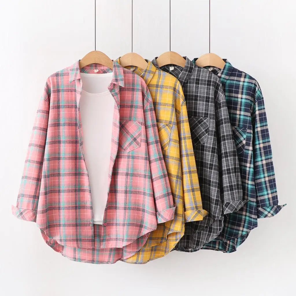 Loose Casual Style Women's Yellow Red Plaid Shirt 2023 New Womens Tops Large Size Long Sleeve Shirts Boutique Clothing
