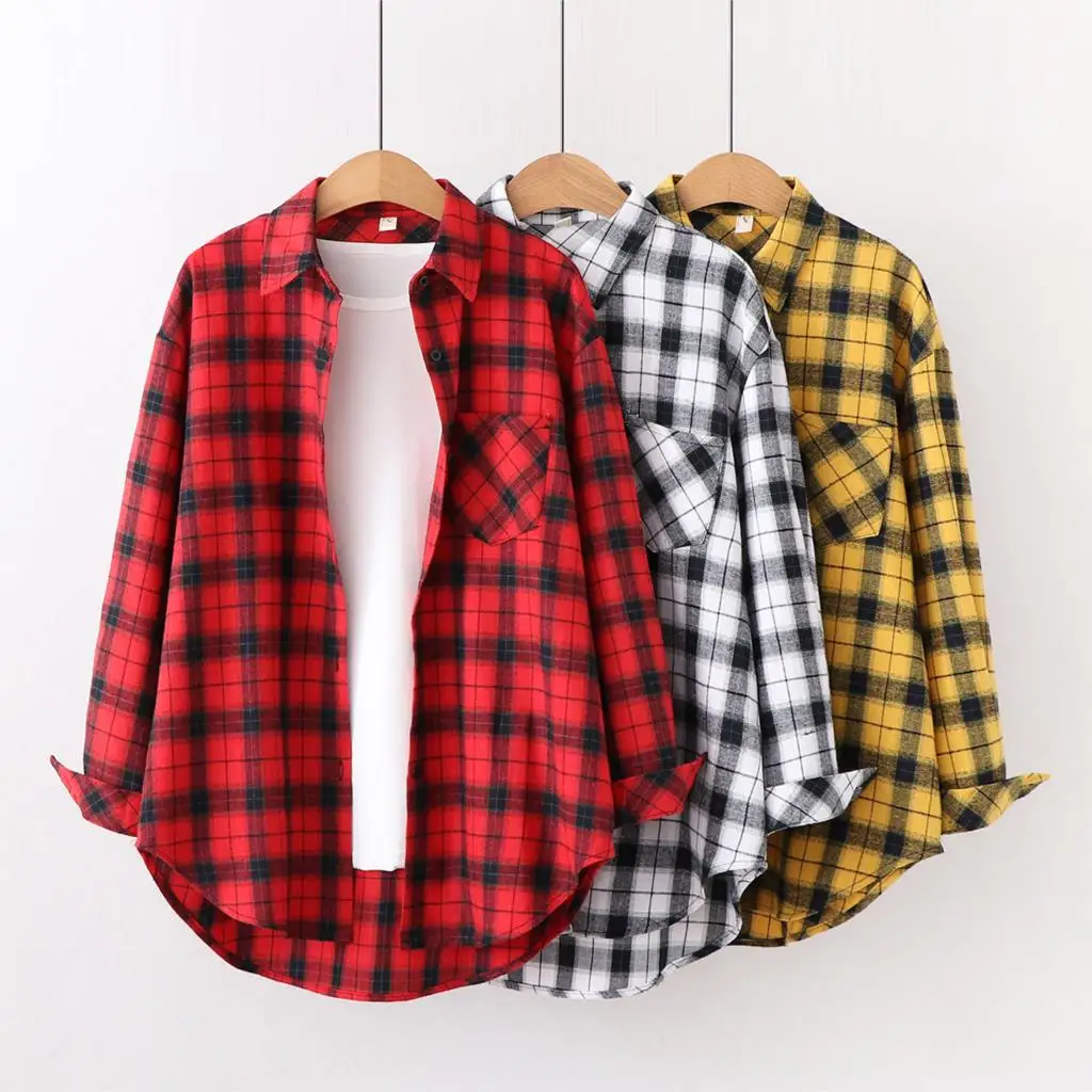 Loose Casual Style Women's Yellow Red Plaid Shirt 2023 New Womens Tops Large Size Long Sleeve Shirts Boutique Clothing