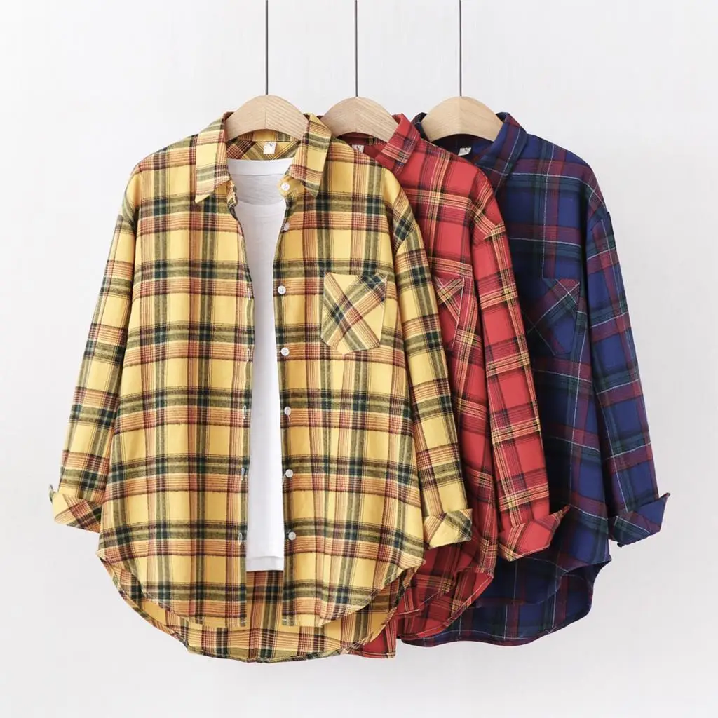 Loose Casual Style Women's Yellow Red Plaid Shirt 2023 New Womens Tops Large Size Long Sleeve Shirts Boutique Clothing