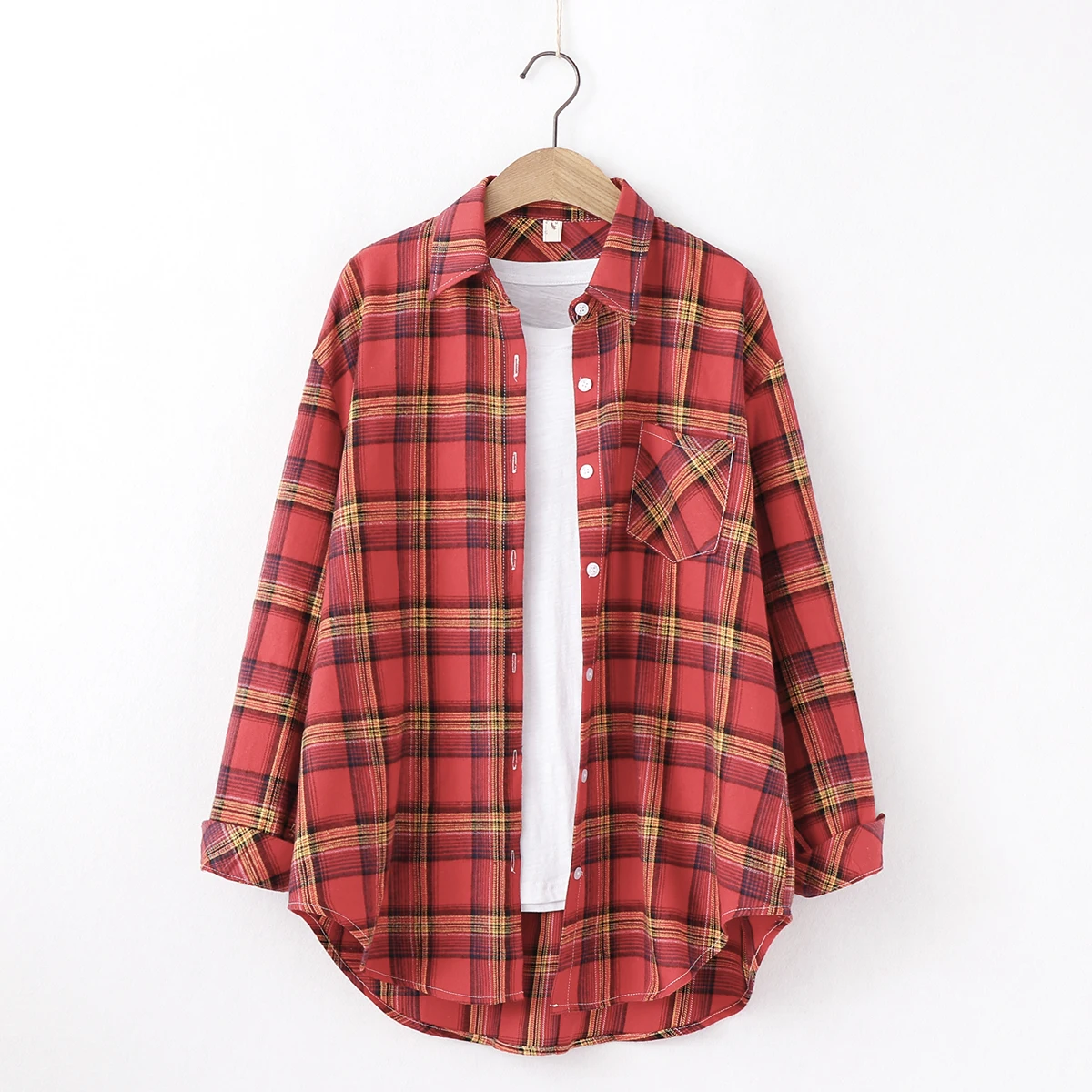 Loose Casual Style Women's Yellow Red Plaid Shirt 2023 New Womens Tops Large Size Long Sleeve Shirts Boutique Clothing