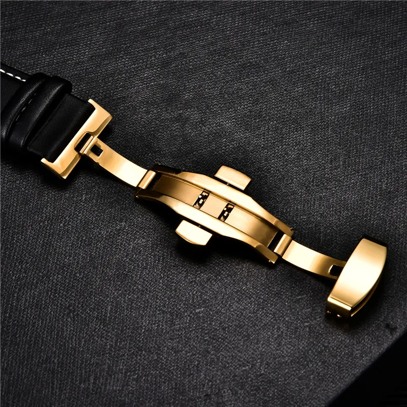 Smooth Genuine Calfskin Leather Watchband 18mm 20mm 22mm 24mm Straps with Solid Automatic Butterfly Buckle Business Watch Band