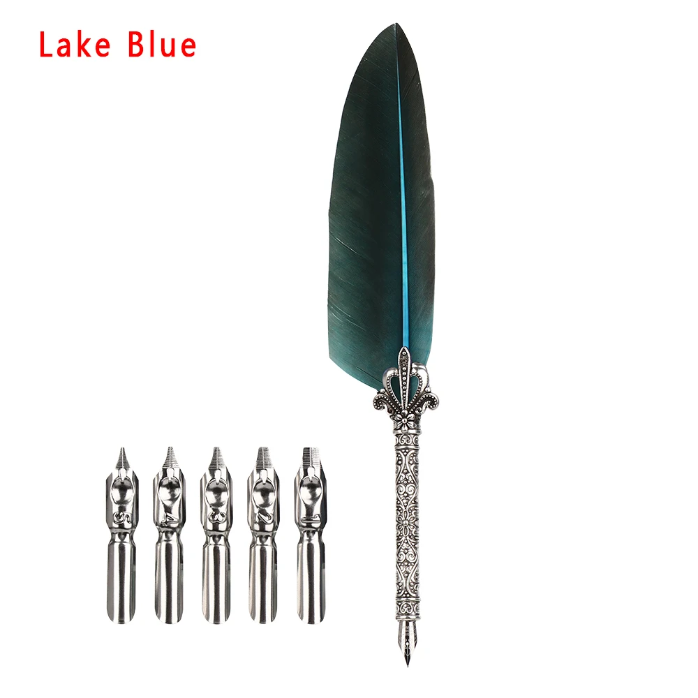 1 Set Multicolor Retro Quill Dip Pen Turkey Feather Pen Quill Oblique + 5 Nibs+ Pen Set Gift Writing Tools Office School Supply