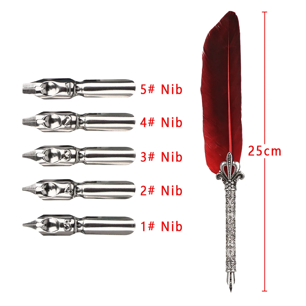 1 Set Multicolor Retro Quill Dip Pen Turkey Feather Pen Quill Oblique + 5 Nibs+ Pen Set Gift Writing Tools Office School Supply