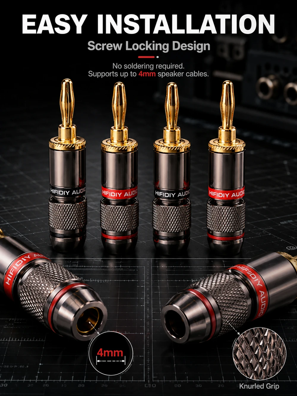 HIFIDIY LIVE 4PCS/Set 4mm Pure Copper Gold Plated Banana Plug Connector For Audio Video Speaker Adapter Terminal Connectors Kit