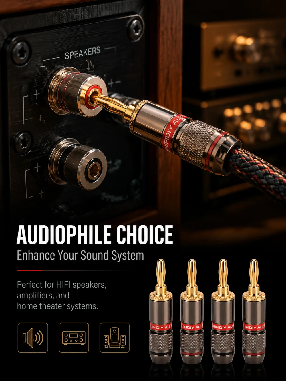 HIFIDIY LIVE 4PCS/Set 4mm Pure Copper Gold Plated Banana Plug Connector For Audio Video Speaker Adapter Terminal Connectors Kit