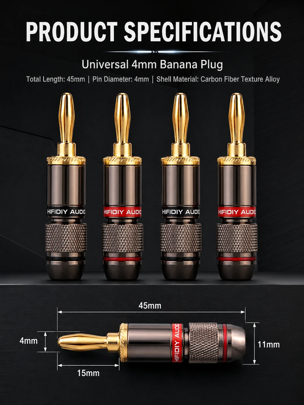 HIFIDIY LIVE 4PCS/Set 4mm Pure Copper Gold Plated Banana Plug Connector For Audio Video Speaker Adapter Terminal Connectors Kit