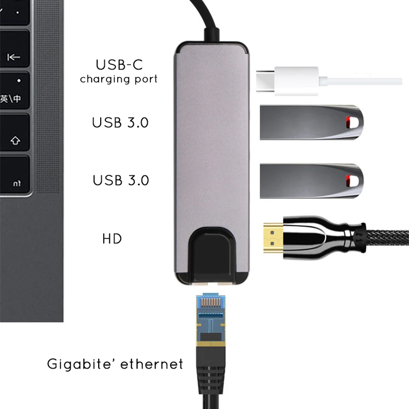 USB-C to RJ45 HDTV 4K USB 3.0 Type C 5 Port Hub Gigabit Ethernet 100/1000M Lan for Macbook Pro Air Thunderbolt 3 USB-C Charger