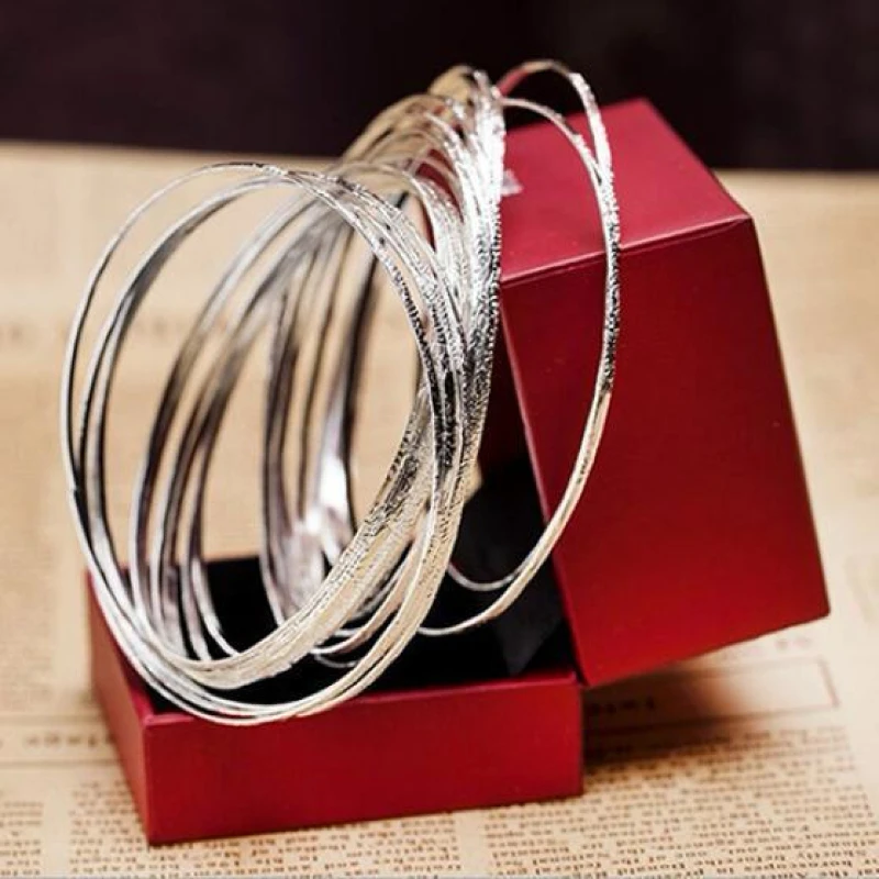 QianBei 10pcs Fashion Etched Dimpled Circle Silver Color Bangles Bracelets Women Men Lovers Jewelry Gifts