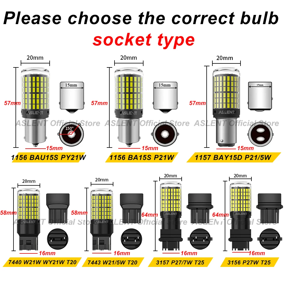 2pcs 1156 BA15S P21W BAU15S PY21W 7440 W21W P21/5W 1157 BAY15D 7443 3157 LED Bulbs 144smd Lamp Reverse Turn Signal Light 12V