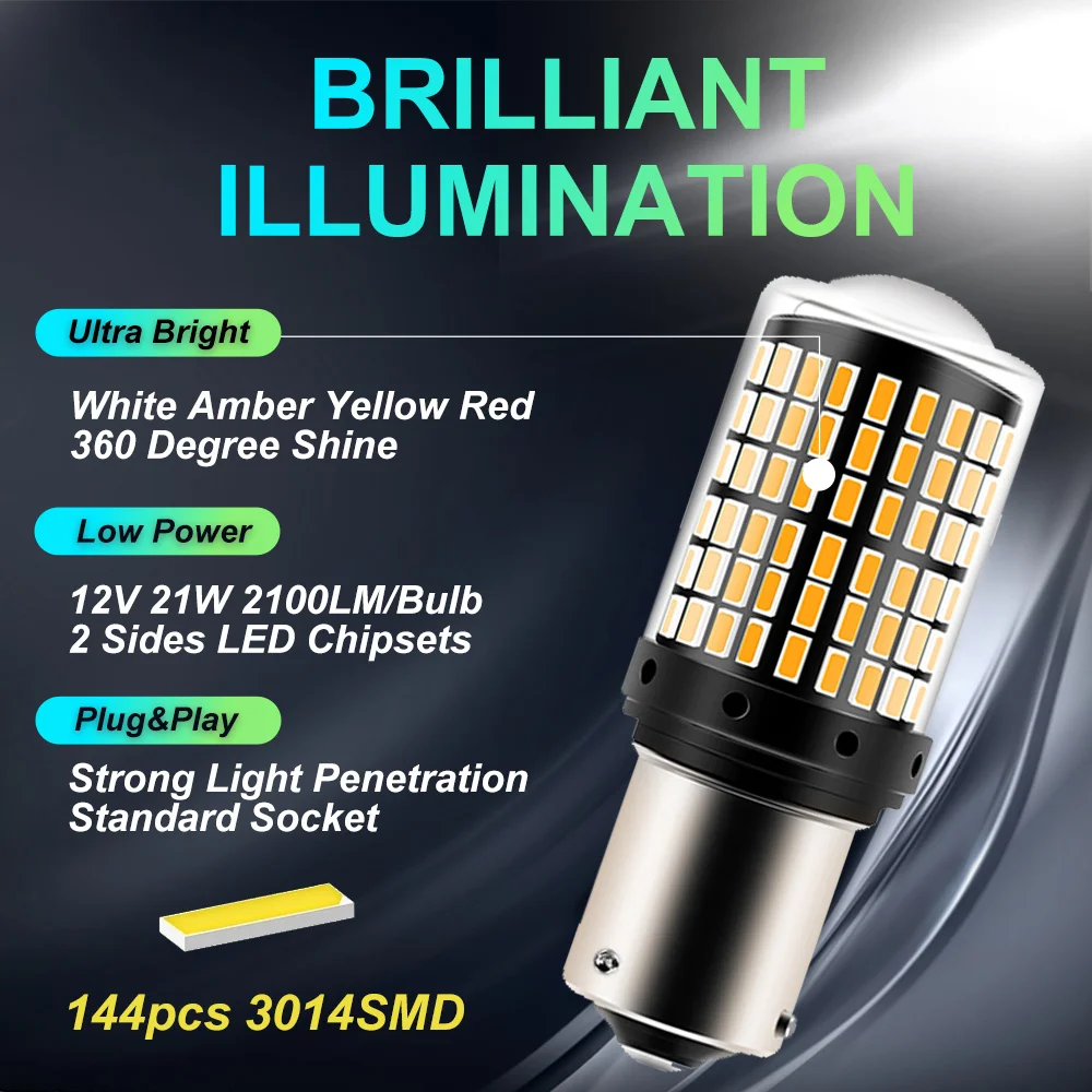 2pcs 1156 BA15S P21W BAU15S PY21W 7440 W21W P21/5W 1157 BAY15D 7443 3157 LED Bulbs 144smd Lamp Reverse Turn Signal Light 12V
