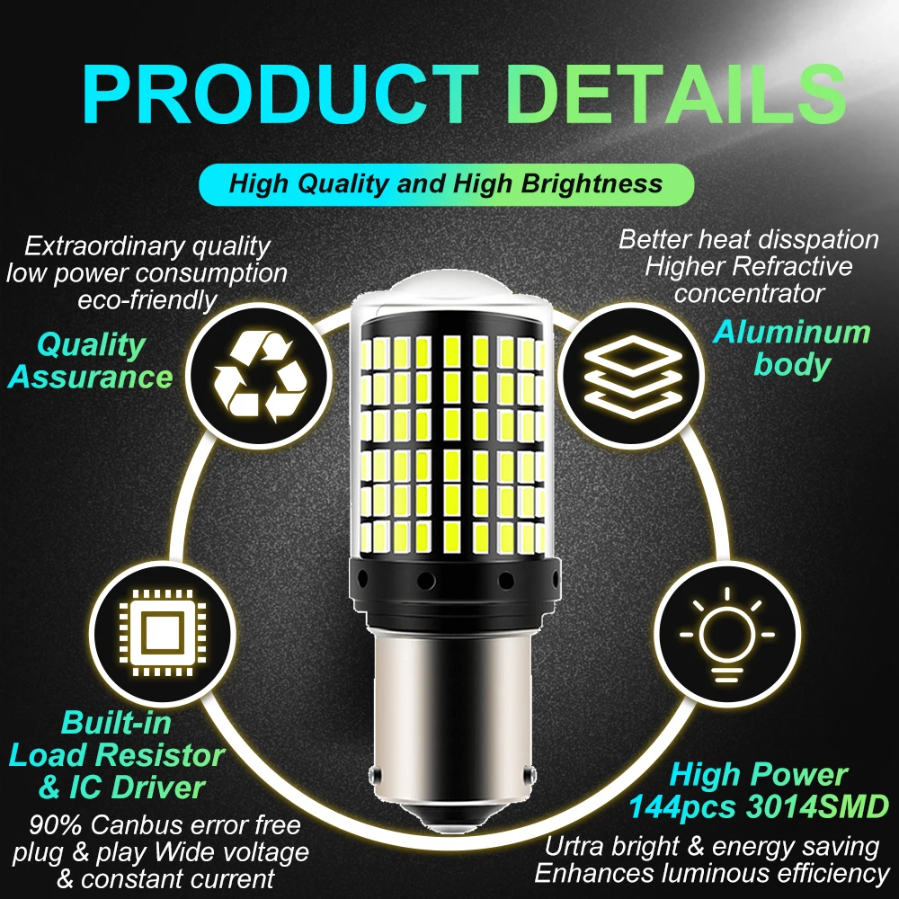 2pcs 1156 BA15S P21W BAU15S PY21W 7440 W21W P21/5W 1157 BAY15D 7443 3157 LED Bulbs 144smd Lamp Reverse Turn Signal Light 12V