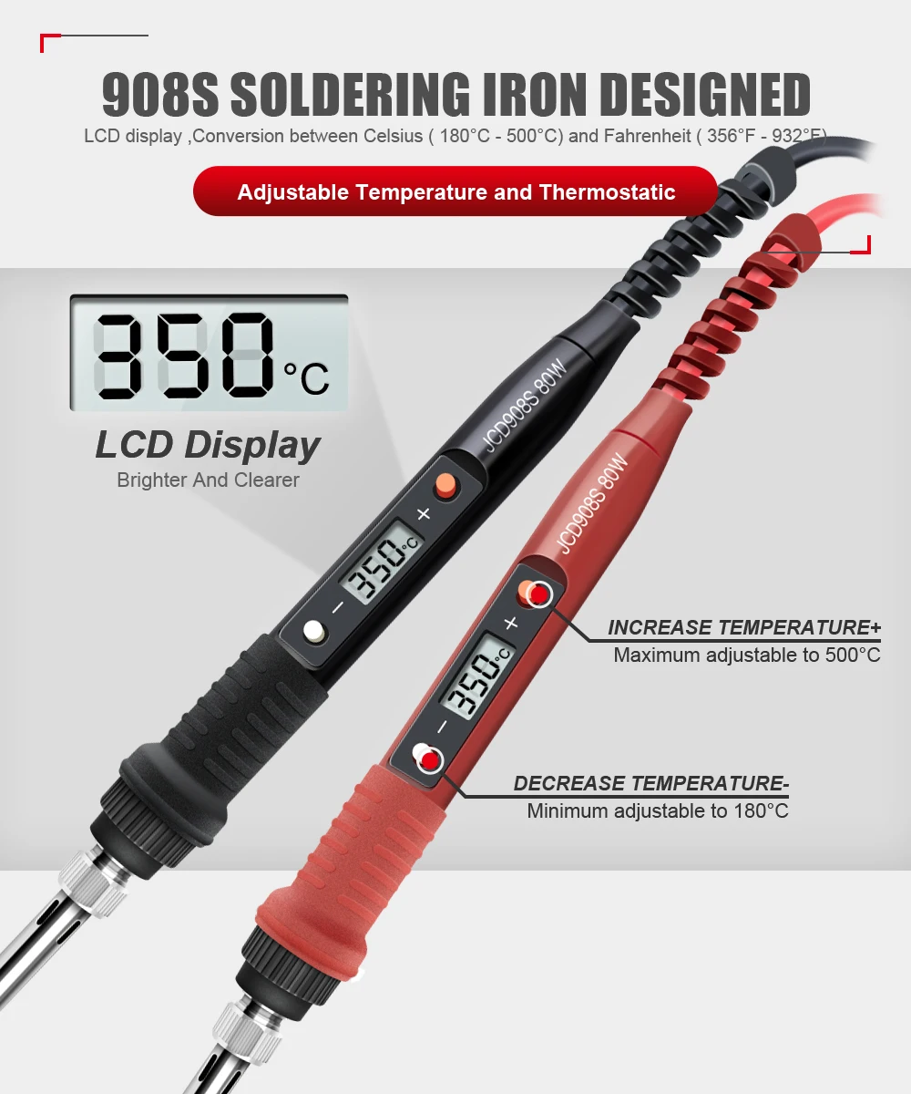 JCD 80W Electric Soldering Iron LCD Digital Display Adjustable Temperature Soldering Iron Tips 220V Welding Repair Tools 908S