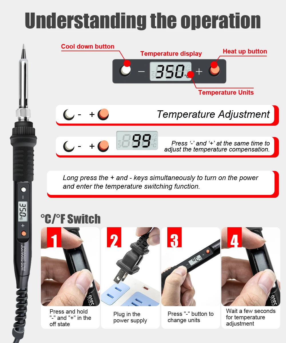 JCD 80W Electric Soldering Iron LCD Digital Display Adjustable Temperature Soldering Iron Tips 220V Welding Repair Tools 908S