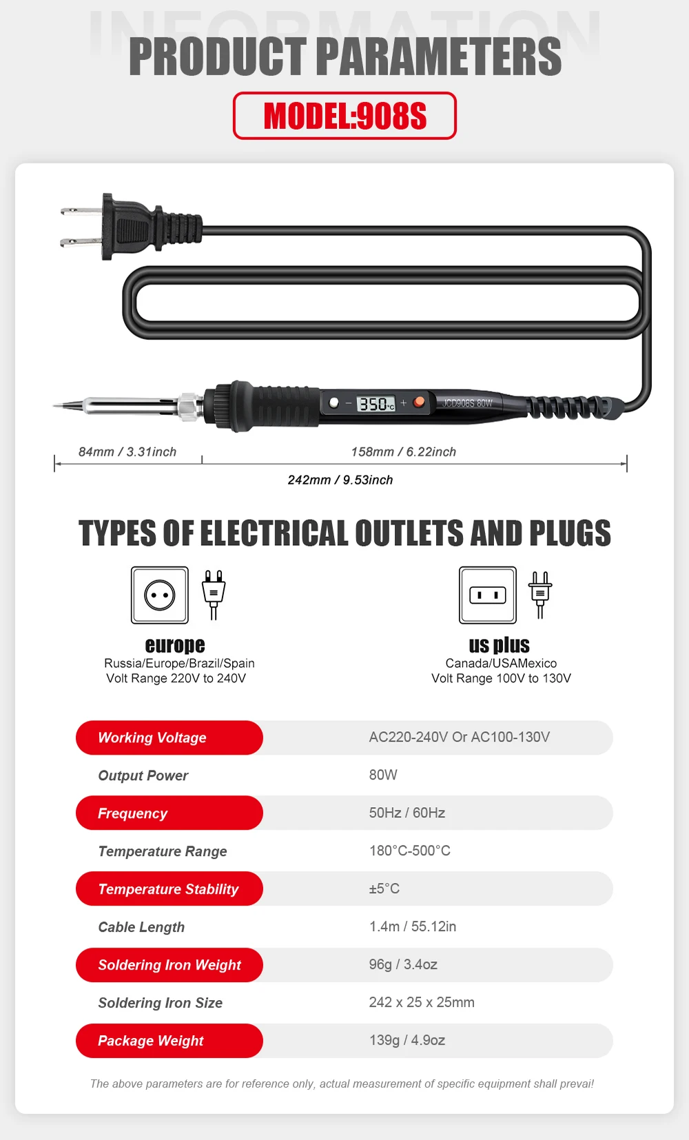 JCD 80W Electric Soldering Iron LCD Digital Display Adjustable Temperature Soldering Iron Tips 220V Welding Repair Tools 908S