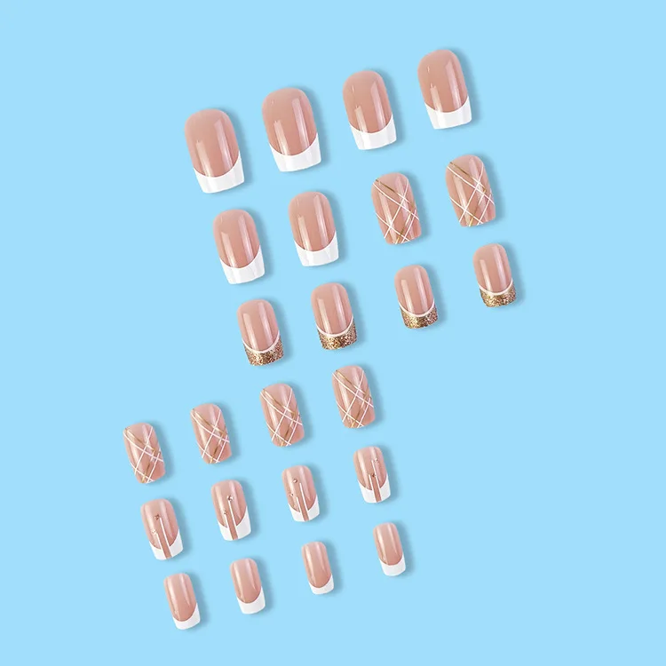 24Pcs Short Square Coffin False Nails Square Fake Nails with Glue French Glitter Wearable Acrylic Nails Set Press on Nail Tips